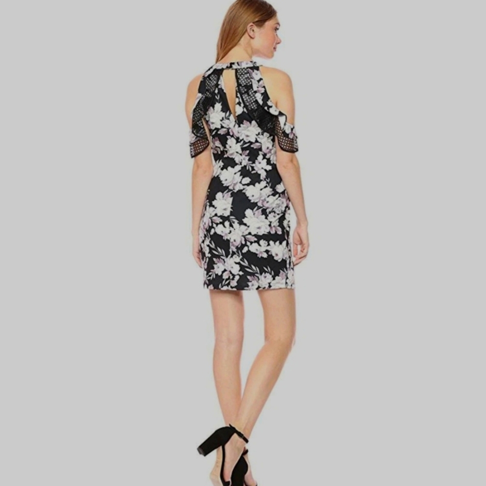 Bebe 8 Black & Pink Floral Mini cocktail dress Cold Shoulder Ruffle - Picture 3 of 16